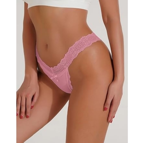 Milumia Women Sexy Panties Lace Cut Out Thongs Mid Waist Underwear Pink - Picture 2 of 8